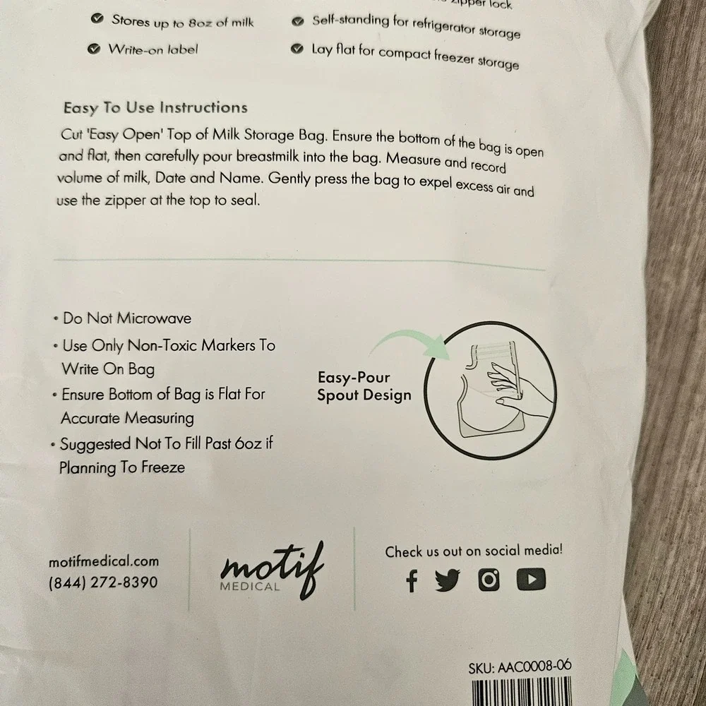 Motif Medical Breastmilk Storage Bags 100 bags‎ of 8oz - New